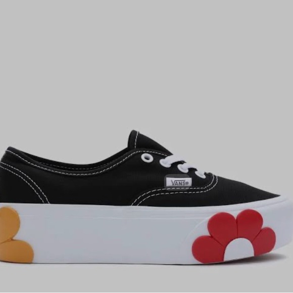 Vans Women's Black Sneakers with Red and Yellow Floral Accents - Picture 1 of 4